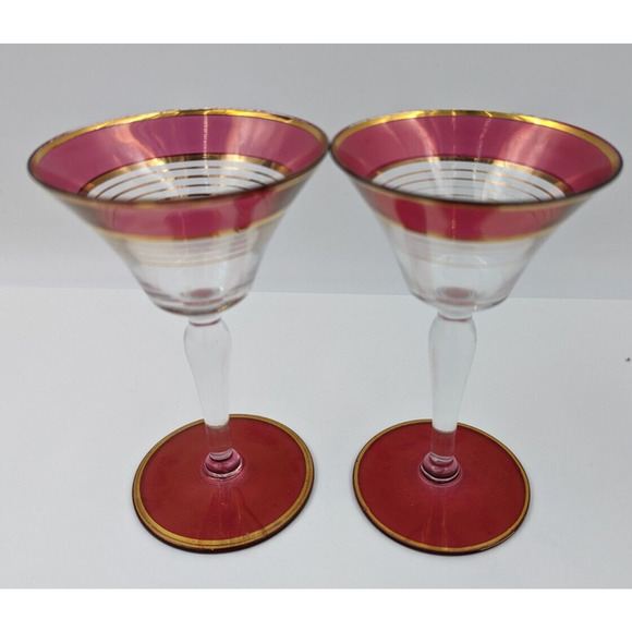 West Virginia Glass Ruby Red Gold Martini Cocktail Pitcher and 8 Cordial Glasses - Picture 6 of 16